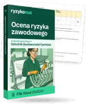 Pudełko dokumentu „Ocena ryzyka zawodowego” ze znakiem Ryzykomat i napisem „Plik Word (DOCX)” na froncie, ilustracja stanowiska „Szkutnik (budowa łodzi i jachtów)”; zza pudełka wystaje strona prawdziwego dokumentu z rozmytą treścią
