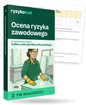 Pudełko dokumentu „Ocena ryzyka zawodowego” ze znakiem Ryzykomat i napisem „Plik Word (DOCX)” na froncie, ilustracja stanowiska „Szlifierz szkła (obróbka szkła płaskiego)”; zza pudełka wystaje strona prawdziwego dokumentu z rozmytą treścią