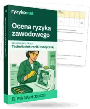 Pudełko dokumentu „Ocena ryzyka zawodowego” ze znakiem Ryzykomat i napisem „Plik Word (DOCX)” na froncie, ilustracja stanowiska „Technik elektroniki medycznej”; zza pudełka wystaje strona prawdziwego dokumentu z rozmytą treścią