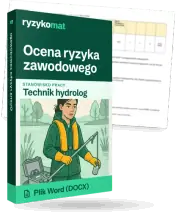 Pudełko dokumentu „Ocena ryzyka zawodowego” ze znakiem Ryzykomat i napisem „Plik Word (DOCX)” na froncie, ilustracja stanowiska „Technik hydrolog”; zza pudełka wystaje strona prawdziwego dokumentu z rozmytą treścią