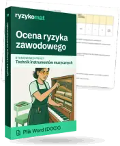 Pudełko dokumentu „Ocena ryzyka zawodowego” ze znakiem Ryzykomat i napisem „Plik Word (DOCX)” na froncie, ilustracja stanowiska „Technik instrumentów muzycznych”; zza pudełka wystaje strona prawdziwego dokumentu z rozmytą treścią