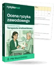 Pudełko dokumentu „Ocena ryzyka zawodowego” ze znakiem Ryzykomat i napisem „Plik Word (DOCX)” na froncie, ilustracja stanowiska „Terapeuta środowiskowy”; zza pudełka wystaje strona prawdziwego dokumentu z rozmytą treścią