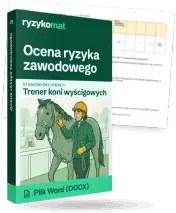 Pudełko dokumentu „Ocena ryzyka zawodowego” ze znakiem Ryzykomat i napisem „Plik Word (DOCX)” na froncie, ilustracja stanowiska „Trener koni wyścigowych”; zza pudełka wystaje strona prawdziwego dokumentu z rozmytą treścią