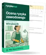 Pudełko dokumentu „Ocena ryzyka zawodowego” ze znakiem Ryzykomat i napisem „Plik Word (DOCX)” na froncie, ilustracja stanowiska „Witrażownik”; zza pudełka wystaje strona prawdziwego dokumentu z rozmytą treścią