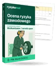 Pudełko dokumentu „Ocena ryzyka zawodowego” ze znakiem Ryzykomat i napisem „Plik Word (DOCX)” na froncie, ilustracja stanowiska „Wulkanizator / serwis opon”; zza pudełka wystaje strona prawdziwego dokumentu z rozmytą treścią