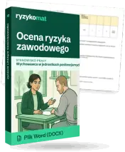 Pudełko dokumentu „Ocena ryzyka zawodowego” ze znakiem Ryzykomat i napisem „Plik Word (DOCX)” na froncie, ilustracja stanowiska „Wychowawca w jednostkach penitencjarnych”; zza pudełka wystaje strona prawdziwego dokumentu z rozmytą treścią