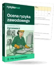 Pudełko dokumentu „Ocena ryzyka zawodowego” ze znakiem Ryzykomat i napisem „Plik Word (DOCX)” na froncie, ilustracja stanowiska „Zgrzewacz”; zza pudełka wystaje strona prawdziwego dokumentu z rozmytą treścią