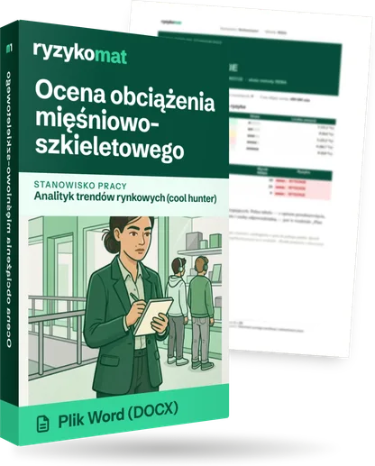 Pudełko dokumentu „Ocena obciążenia mięśniowo-szkieletowego” ze znakiem Ryzykomat i napisem „Plik Word (DOCX)” na froncie, ilustracja stanowiska „Analityk trendów rynkowych (cool hunter)”; zza pudełka wystaje strona prawdziwego dokumentu z rozmytą treścią
