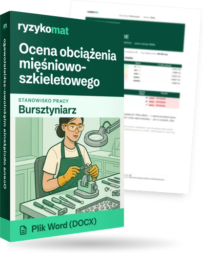 Pudełko dokumentu „Ocena obciążenia mięśniowo-szkieletowego” ze znakiem Ryzykomat i napisem „Plik Word (DOCX)” na froncie, ilustracja stanowiska „Bursztyniarz”; zza pudełka wystaje strona prawdziwego dokumentu z rozmytą treścią