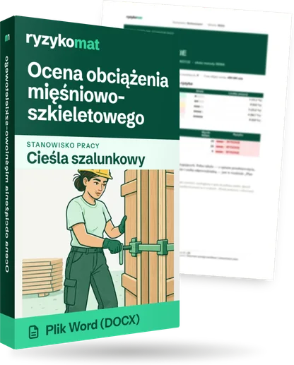Pudełko dokumentu „Ocena obciążenia mięśniowo-szkieletowego” ze znakiem Ryzykomat i napisem „Plik Word (DOCX)” na froncie, ilustracja stanowiska „Cieśla szalunkowy”; zza pudełka wystaje strona prawdziwego dokumentu z rozmytą treścią