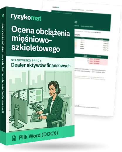 Pudełko dokumentu „Ocena obciążenia mięśniowo-szkieletowego” ze znakiem Ryzykomat i napisem „Plik Word (DOCX)” na froncie, ilustracja stanowiska „Dealer aktywów finansowych”; zza pudełka wystaje strona prawdziwego dokumentu z rozmytą treścią