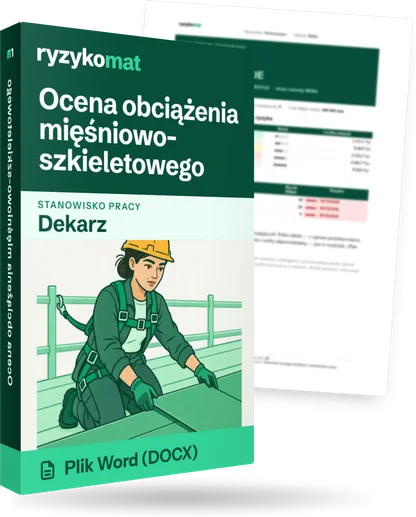 Pudełko dokumentu „Ocena obciążenia mięśniowo-szkieletowego” ze znakiem Ryzykomat i napisem „Plik Word (DOCX)” na froncie, ilustracja stanowiska „Dekarz”; zza pudełka wystaje strona prawdziwego dokumentu z rozmytą treścią