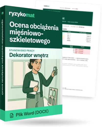 Pudełko dokumentu „Ocena obciążenia mięśniowo-szkieletowego” ze znakiem Ryzykomat i napisem „Plik Word (DOCX)” na froncie, ilustracja stanowiska „Dekorator wnętrz”; zza pudełka wystaje strona prawdziwego dokumentu z rozmytą treścią