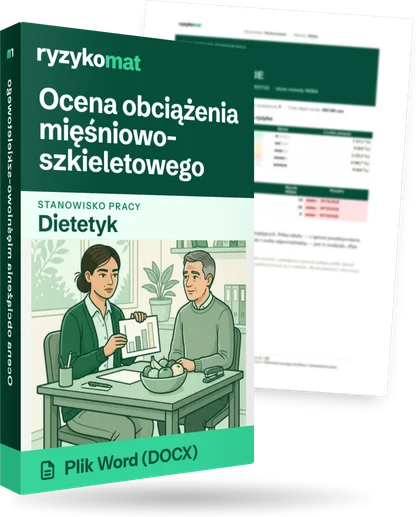Pudełko dokumentu „Ocena obciążenia mięśniowo-szkieletowego” ze znakiem Ryzykomat i napisem „Plik Word (DOCX)” na froncie, ilustracja stanowiska „Dietetyk”; zza pudełka wystaje strona prawdziwego dokumentu z rozmytą treścią