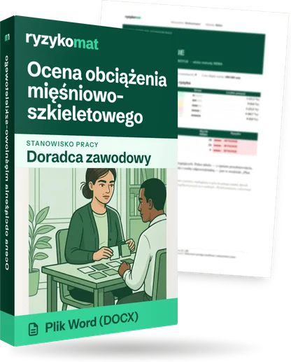 Pudełko dokumentu „Ocena obciążenia mięśniowo-szkieletowego” ze znakiem Ryzykomat i napisem „Plik Word (DOCX)” na froncie, ilustracja stanowiska „Doradca zawodowy”; zza pudełka wystaje strona prawdziwego dokumentu z rozmytą treścią