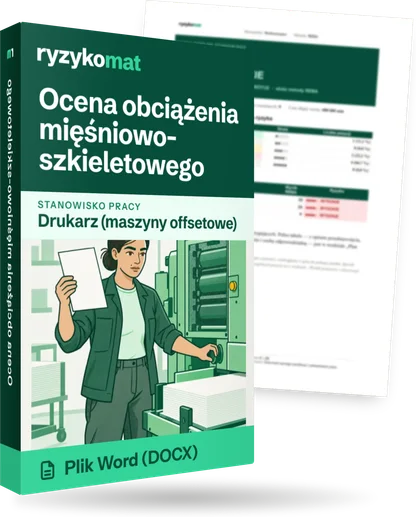 Pudełko dokumentu „Ocena obciążenia mięśniowo-szkieletowego” ze znakiem Ryzykomat i napisem „Plik Word (DOCX)” na froncie, ilustracja stanowiska „Drukarz (maszyny offsetowe)”; zza pudełka wystaje strona prawdziwego dokumentu z rozmytą treścią