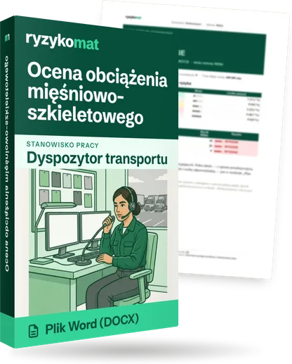Pudełko dokumentu „Ocena obciążenia mięśniowo-szkieletowego” ze znakiem Ryzykomat i napisem „Plik Word (DOCX)” na froncie, ilustracja stanowiska „Dyspozytor transportu”; zza pudełka wystaje strona prawdziwego dokumentu z rozmytą treścią