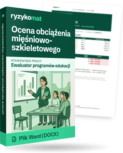 Pudełko dokumentu „Ocena obciążenia mięśniowo-szkieletowego” ze znakiem Ryzykomat i napisem „Plik Word (DOCX)” na froncie, ilustracja stanowiska „Ewaluator programów edukacji”; zza pudełka wystaje strona prawdziwego dokumentu z rozmytą treścią