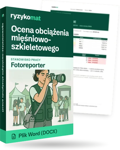 Pudełko dokumentu „Ocena obciążenia mięśniowo-szkieletowego” ze znakiem Ryzykomat i napisem „Plik Word (DOCX)” na froncie, ilustracja stanowiska „Fotoreporter”; zza pudełka wystaje strona prawdziwego dokumentu z rozmytą treścią
