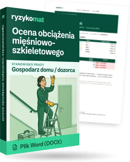 Pudełko dokumentu „Ocena obciążenia mięśniowo-szkieletowego” ze znakiem Ryzykomat i napisem „Plik Word (DOCX)” na froncie, ilustracja stanowiska „Gospodarz domu / dozorca”; zza pudełka wystaje strona prawdziwego dokumentu z rozmytą treścią