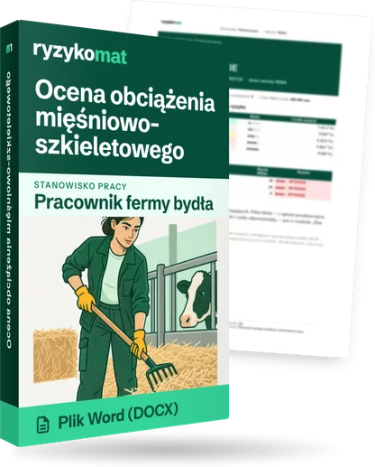 Pudełko dokumentu „Ocena obciążenia mięśniowo-szkieletowego” ze znakiem Ryzykomat i napisem „Plik Word (DOCX)” na froncie, ilustracja stanowiska „Pracownik fermy bydła”; zza pudełka wystaje strona prawdziwego dokumentu z rozmytą treścią