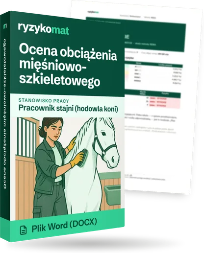 Pudełko dokumentu „Ocena obciążenia mięśniowo-szkieletowego” ze znakiem Ryzykomat i napisem „Plik Word (DOCX)” na froncie, ilustracja stanowiska „Pracownik stajni (hodowla koni)”; zza pudełka wystaje strona prawdziwego dokumentu z rozmytą treścią