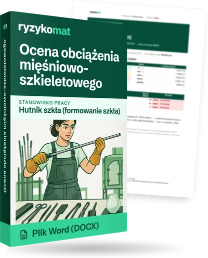 Pudełko dokumentu „Ocena obciążenia mięśniowo-szkieletowego” ze znakiem Ryzykomat i napisem „Plik Word (DOCX)” na froncie, ilustracja stanowiska „Hutnik szkła (formowanie szkła)”; zza pudełka wystaje strona prawdziwego dokumentu z rozmytą treścią