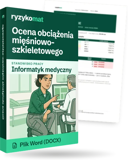 Pudełko dokumentu „Ocena obciążenia mięśniowo-szkieletowego” ze znakiem Ryzykomat i napisem „Plik Word (DOCX)” na froncie, ilustracja stanowiska „Informatyk medyczny”; zza pudełka wystaje strona prawdziwego dokumentu z rozmytą treścią