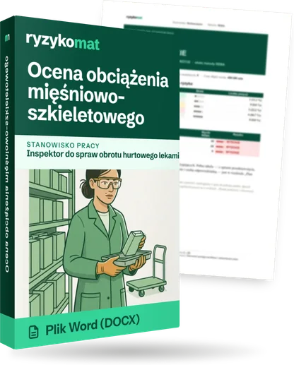 Pudełko dokumentu „Ocena obciążenia mięśniowo-szkieletowego” ze znakiem Ryzykomat i napisem „Plik Word (DOCX)” na froncie, ilustracja stanowiska „Inspektor do spraw obrotu hurtowego lekami”; zza pudełka wystaje strona prawdziwego dokumentu z rozmytą treścią