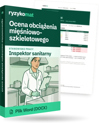 Pudełko dokumentu „Ocena obciążenia mięśniowo-szkieletowego” ze znakiem Ryzykomat i napisem „Plik Word (DOCX)” na froncie, ilustracja stanowiska „Inspektor sanitarny”; zza pudełka wystaje strona prawdziwego dokumentu z rozmytą treścią