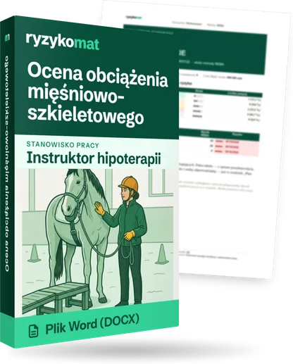 Pudełko dokumentu „Ocena obciążenia mięśniowo-szkieletowego” ze znakiem Ryzykomat i napisem „Plik Word (DOCX)” na froncie, ilustracja stanowiska „Instruktor hipoterapii”; zza pudełka wystaje strona prawdziwego dokumentu z rozmytą treścią