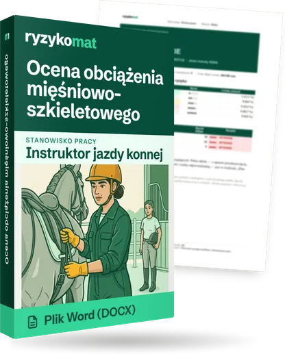 Pudełko dokumentu „Ocena obciążenia mięśniowo-szkieletowego” ze znakiem Ryzykomat i napisem „Plik Word (DOCX)” na froncie, ilustracja stanowiska „Instruktor jazdy konnej”; zza pudełka wystaje strona prawdziwego dokumentu z rozmytą treścią