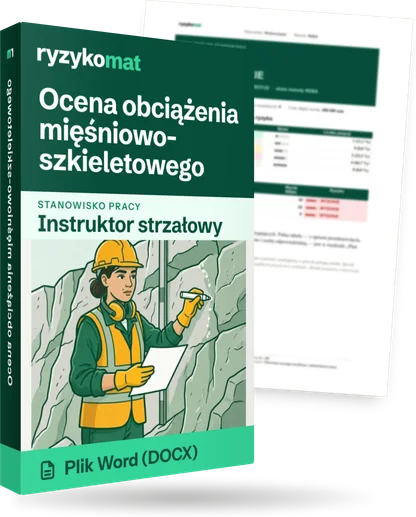 Pudełko dokumentu „Ocena obciążenia mięśniowo-szkieletowego” ze znakiem Ryzykomat i napisem „Plik Word (DOCX)” na froncie, ilustracja stanowiska „Instruktor strzałowy”; zza pudełka wystaje strona prawdziwego dokumentu z rozmytą treścią