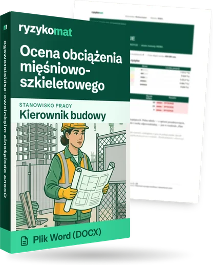 Pudełko dokumentu „Ocena obciążenia mięśniowo-szkieletowego” ze znakiem Ryzykomat i napisem „Plik Word (DOCX)” na froncie, ilustracja stanowiska „Kierownik budowy”; zza pudełka wystaje strona prawdziwego dokumentu z rozmytą treścią