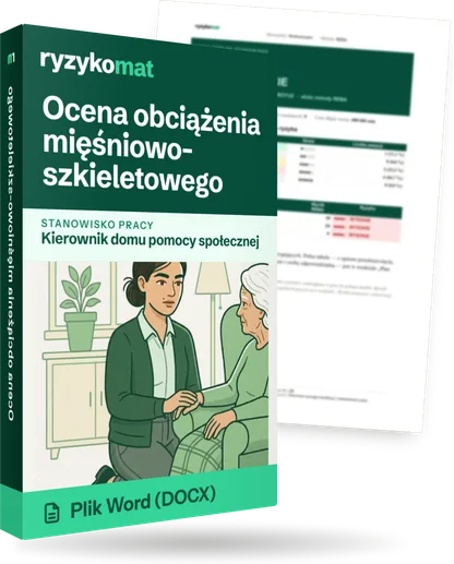 Pudełko dokumentu „Ocena obciążenia mięśniowo-szkieletowego” ze znakiem Ryzykomat i napisem „Plik Word (DOCX)” na froncie, ilustracja stanowiska „Kierownik domu pomocy społecznej”; zza pudełka wystaje strona prawdziwego dokumentu z rozmytą treścią