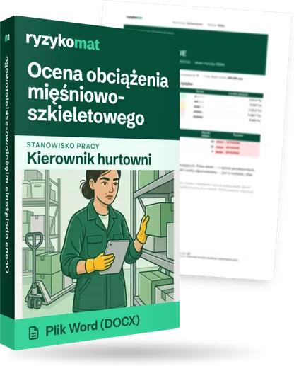 Pudełko dokumentu „Ocena obciążenia mięśniowo-szkieletowego” ze znakiem Ryzykomat i napisem „Plik Word (DOCX)” na froncie, ilustracja stanowiska „Kierownik hurtowni”; zza pudełka wystaje strona prawdziwego dokumentu z rozmytą treścią