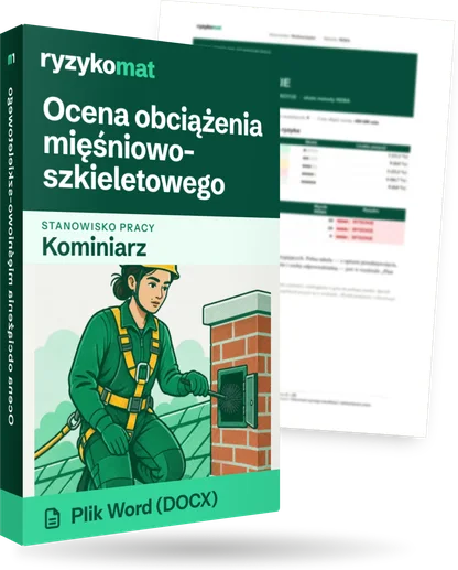 Pudełko dokumentu „Ocena obciążenia mięśniowo-szkieletowego” ze znakiem Ryzykomat i napisem „Plik Word (DOCX)” na froncie, ilustracja stanowiska „Kominiarz”; zza pudełka wystaje strona prawdziwego dokumentu z rozmytą treścią