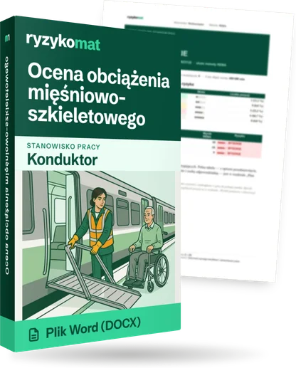 Pudełko dokumentu „Ocena obciążenia mięśniowo-szkieletowego” ze znakiem Ryzykomat i napisem „Plik Word (DOCX)” na froncie, ilustracja stanowiska „Konduktor”; zza pudełka wystaje strona prawdziwego dokumentu z rozmytą treścią