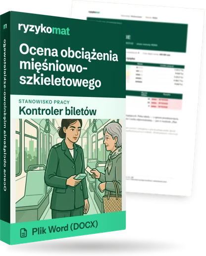 Pudełko dokumentu „Ocena obciążenia mięśniowo-szkieletowego” ze znakiem Ryzykomat i napisem „Plik Word (DOCX)” na froncie, ilustracja stanowiska „Kontroler biletów”; zza pudełka wystaje strona prawdziwego dokumentu z rozmytą treścią