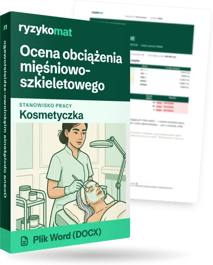 Pudełko dokumentu „Ocena obciążenia mięśniowo-szkieletowego” ze znakiem Ryzykomat i napisem „Plik Word (DOCX)” na froncie, ilustracja stanowiska „Kosmetyczka”; zza pudełka wystaje strona prawdziwego dokumentu z rozmytą treścią