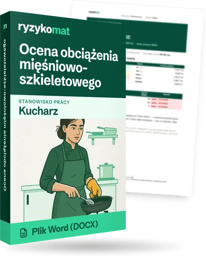 Pudełko dokumentu „Ocena obciążenia mięśniowo-szkieletowego” ze znakiem Ryzykomat i napisem „Plik Word (DOCX)” na froncie, ilustracja stanowiska „Kucharz”; zza pudełka wystaje strona prawdziwego dokumentu z rozmytą treścią