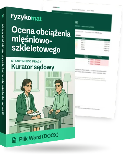 Pudełko dokumentu „Ocena obciążenia mięśniowo-szkieletowego” ze znakiem Ryzykomat i napisem „Plik Word (DOCX)” na froncie, ilustracja stanowiska „Kurator sądowy”; zza pudełka wystaje strona prawdziwego dokumentu z rozmytą treścią