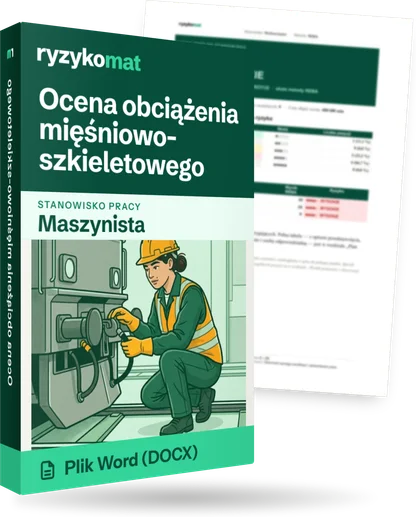 Pudełko dokumentu „Ocena obciążenia mięśniowo-szkieletowego” ze znakiem Ryzykomat i napisem „Plik Word (DOCX)” na froncie, ilustracja stanowiska „Maszynista”; zza pudełka wystaje strona prawdziwego dokumentu z rozmytą treścią