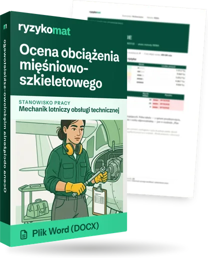 Pudełko dokumentu „Ocena obciążenia mięśniowo-szkieletowego” ze znakiem Ryzykomat i napisem „Plik Word (DOCX)” na froncie, ilustracja stanowiska „Mechanik lotniczy obsługi technicznej”; zza pudełka wystaje strona prawdziwego dokumentu z rozmytą treścią