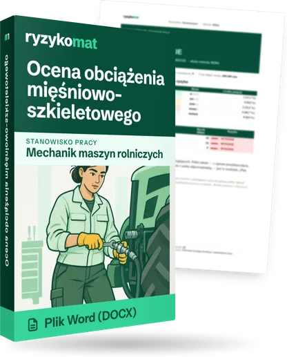 Pudełko dokumentu „Ocena obciążenia mięśniowo-szkieletowego” ze znakiem Ryzykomat i napisem „Plik Word (DOCX)” na froncie, ilustracja stanowiska „Mechanik maszyn rolniczych”; zza pudełka wystaje strona prawdziwego dokumentu z rozmytą treścią