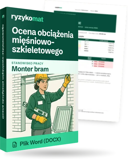 Pudełko dokumentu „Ocena obciążenia mięśniowo-szkieletowego” ze znakiem Ryzykomat i napisem „Plik Word (DOCX)” na froncie, ilustracja stanowiska „Monter bram”; zza pudełka wystaje strona prawdziwego dokumentu z rozmytą treścią