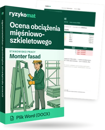 Pudełko dokumentu „Ocena obciążenia mięśniowo-szkieletowego” ze znakiem Ryzykomat i napisem „Plik Word (DOCX)” na froncie, ilustracja stanowiska „Monter fasad”; zza pudełka wystaje strona prawdziwego dokumentu z rozmytą treścią