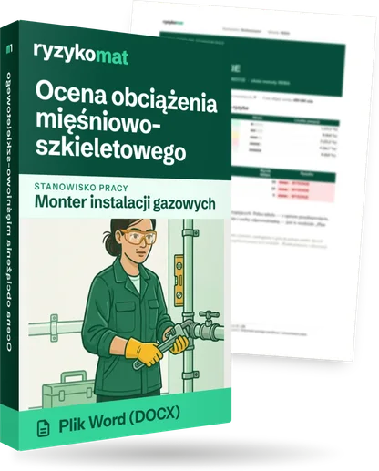 Pudełko dokumentu „Ocena obciążenia mięśniowo-szkieletowego” ze znakiem Ryzykomat i napisem „Plik Word (DOCX)” na froncie, ilustracja stanowiska „Monter instalacji gazowych”; zza pudełka wystaje strona prawdziwego dokumentu z rozmytą treścią
