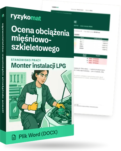 Pudełko dokumentu „Ocena obciążenia mięśniowo-szkieletowego” ze znakiem Ryzykomat i napisem „Plik Word (DOCX)” na froncie, ilustracja stanowiska „Monter instalacji LPG”; zza pudełka wystaje strona prawdziwego dokumentu z rozmytą treścią