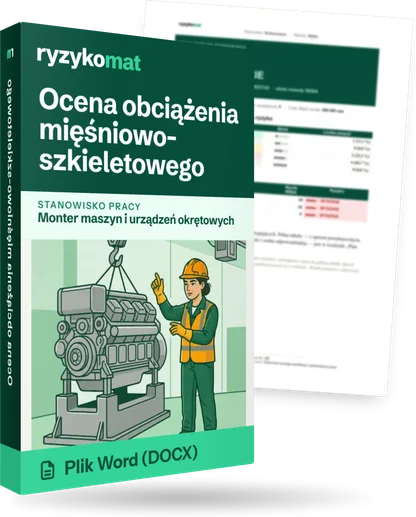 Pudełko dokumentu „Ocena obciążenia mięśniowo-szkieletowego” ze znakiem Ryzykomat i napisem „Plik Word (DOCX)” na froncie, ilustracja stanowiska „Monter maszyn i urządzeń okrętowych”; zza pudełka wystaje strona prawdziwego dokumentu z rozmytą treścią